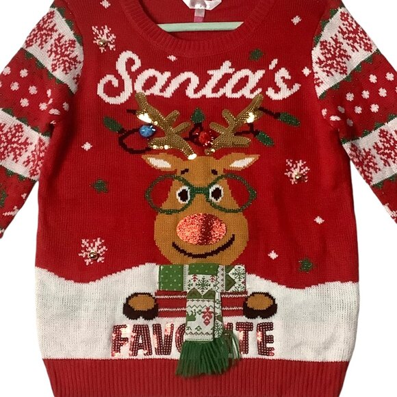 Santa's Favorite Reindeer Ugly Christmas Sequins Bells Sweater Women Medium - Picture 2 of 9